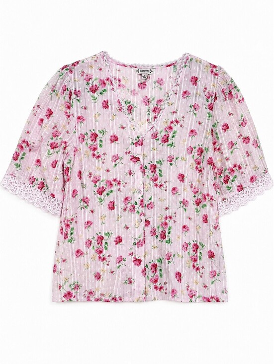 Nanette Lepore Tops - Nanette Lepore Floral Cotton Lace Trim Button Front Cottagecore Blouse Top Pink